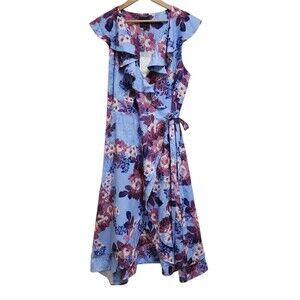 Alex Marie Wrap Dress Size 18 Blue Floral Sleeveless Ruffle Office Party Midi